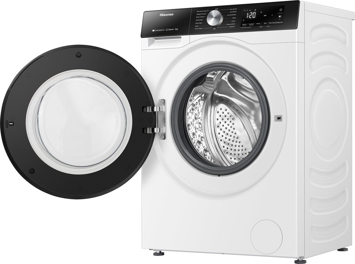 Hisense 3S Series WF3S8043BW3/BLX - Washing Machine with Energy Label A -30% - 8kg - 72dB (A) - Steam Wash - 1400 RPM - Power Wash 49' - ConnectLife - Drum Capacity 54 Liters