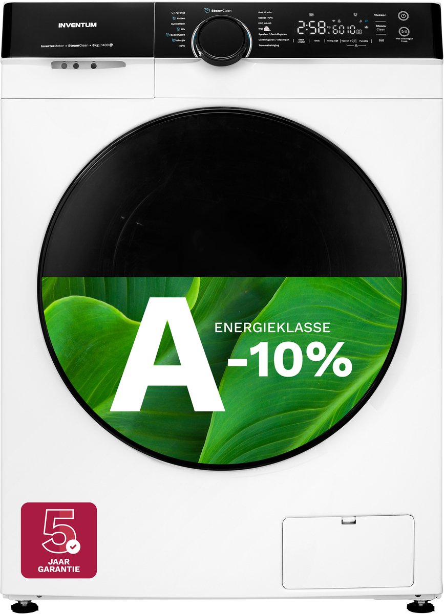 Inventum VWM8010W - Washing Machine - 8 kg - 14 Programs - 1400 RPM - Energy Class A-10% - Steam Clean - Quiet: 72 dB - White/Black